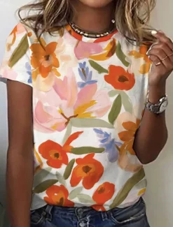Online Women's T Shirt Floral Casual Short Sleeve Round Neck Regular Tops Daily Print Summer Women Spring Tops