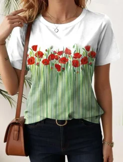Discount Women's T Shirt Floral Casual Short Sleeve Round Neck Regular Tops Daily Print Summer Women Spring Tops