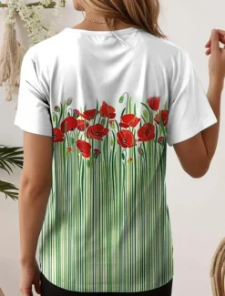 Discount Women's T Shirt Floral Casual Short Sleeve Round Neck Regular Tops Daily Print Summer Women Spring Tops
