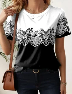 Clearance Women's T Shirt Floral Casual Short Sleeve Round Neck Regular Tops Daily Print Black White Light Green Blue Purple Summer Women Spring Tops