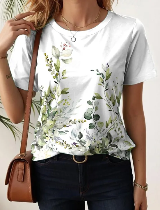 Clearance Women's T Shirt Floral Casual Short Sleeve Round Neck Regular Tops Daily Print Black White Light Green Blue Purple Summer Women Spring Tops