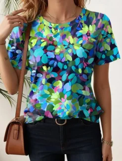 Clearance Women's T Shirt Floral Casual Short Sleeve Round Neck Regular Tops Daily Print Black White Light Green Blue Purple Summer Women Spring Tops