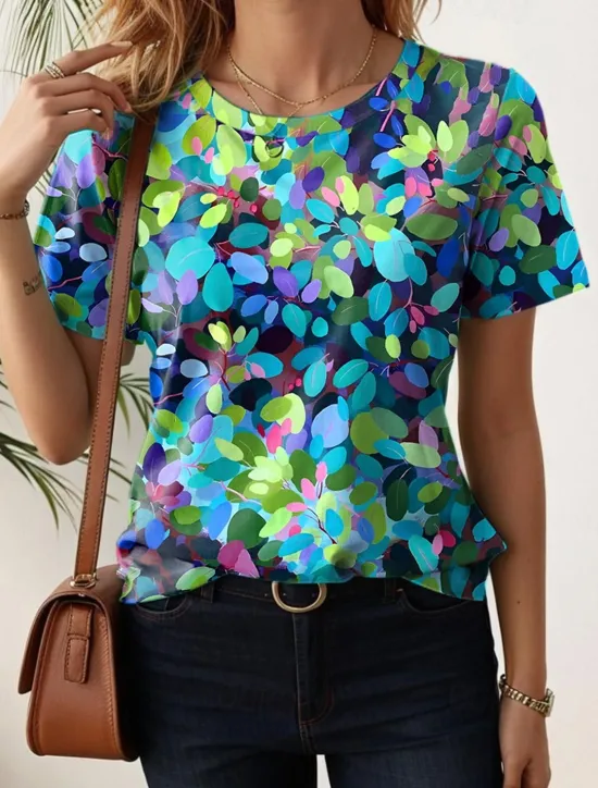 Clearance Women's T Shirt Floral Casual Short Sleeve Round Neck Regular Tops Daily Print Black White Light Green Blue Purple Summer Women Spring Tops