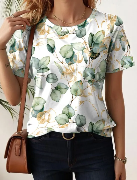 Clearance Women's T Shirt Floral Casual Short Sleeve Round Neck Regular Tops Daily Print Black White Light Green Blue Purple Summer Women Spring Tops