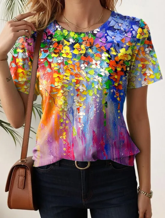 Clearance Women's T Shirt Floral Casual Short Sleeve Round Neck Regular Tops Daily Print Black White Light Green Blue Purple Summer Women Spring Tops