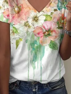 Discount Women's T Shirt Floral Casual Short Sleeve Round Neck Regular Tops Daily Print Summer Women Spring Tops