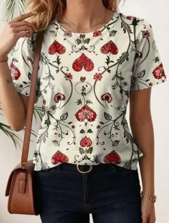 Online Women's T Shirt Floral Casual Short Sleeve Round Neck Regular Tops Daily Print Summer Women Spring Tops