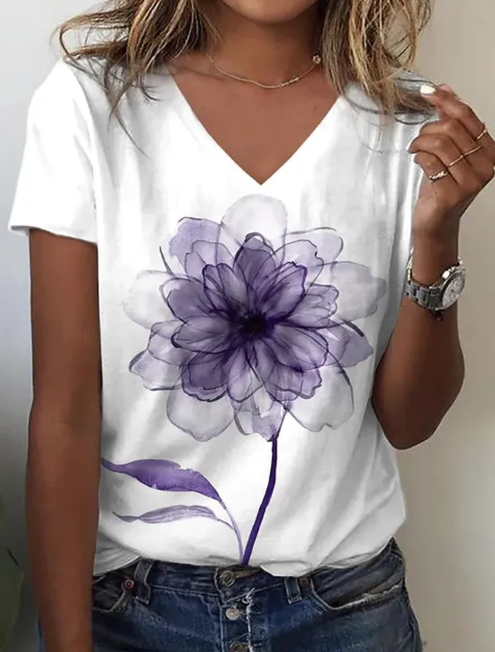 Online Women's T Shirt Floral Dandelion Fashion Short Sleeve V Neck Regular Tops Vacation Weekend Print White Blue Purple Green Summer Women T-Shirts