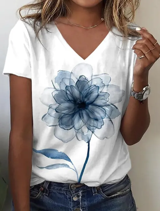 Online Women's T Shirt Floral Dandelion Fashion Short Sleeve V Neck Regular Tops Vacation Weekend Print White Blue Purple Green Summer Women T-Shirts
