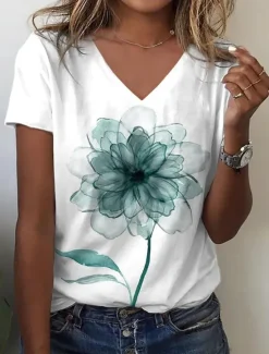 Online Women's T Shirt Floral Dandelion Fashion Short Sleeve V Neck Regular Tops Vacation Weekend Print White Blue Purple Green Summer Women T-Shirts