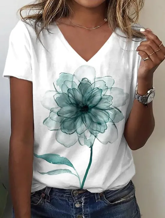 Online Women's T Shirt Floral Dandelion Fashion Short Sleeve V Neck Regular Tops Vacation Weekend Print White Blue Purple Green Summer Women T-Shirts
