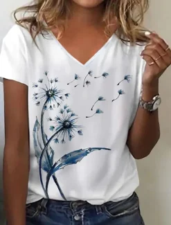 Online Women's T Shirt Floral Dandelion Fashion Short Sleeve V Neck Regular Tops Vacation Weekend Print White Blue Purple Green Summer Women T-Shirts