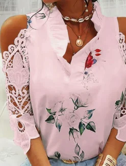 New Women's T Shirt Floral Elegant Vintage Fashion Long Sleeve V Neck Regular Tops Daily Going out Weekend Patchwork Eyelet Print White Pink Blue Green Summer Spring Women Spring Tops