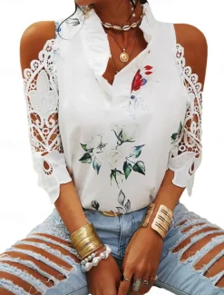New Women's T Shirt Floral Elegant Vintage Fashion Long Sleeve V Neck Regular Tops Daily Going out Weekend Patchwork Eyelet Print White Pink Blue Green Summer Spring Women Spring Tops