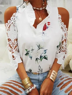 New Women's T Shirt Floral Elegant Vintage Fashion Long Sleeve V Neck Regular Tops Daily Going out Weekend Patchwork Eyelet Print White Pink Blue Green Summer Spring Women Spring Tops
