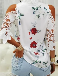 New Women's T Shirt Floral Elegant Vintage Fashion Long Sleeve V Neck Regular Tops Daily Going out Weekend Patchwork Eyelet Print White Pink Blue Green Summer Spring Women Spring Tops