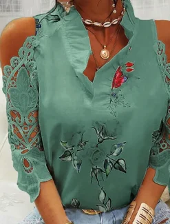 New Women's T Shirt Floral Elegant Vintage Fashion Long Sleeve V Neck Regular Tops Daily Going out Weekend Patchwork Eyelet Print White Pink Blue Green Summer Spring Women Spring Tops