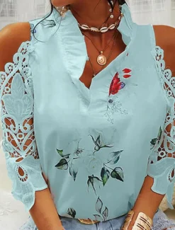 New Women's T Shirt Floral Elegant Vintage Fashion Long Sleeve V Neck Regular Tops Daily Going out Weekend Patchwork Eyelet Print White Pink Blue Green Summer Spring Women Spring Tops