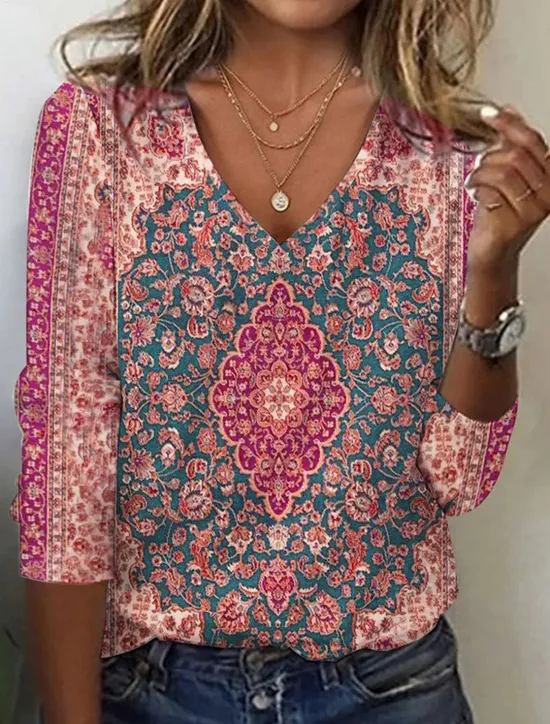 Sale Women's T Shirt Floral Fashion Long Sleeve V Neck Regular Tops Daily Weekend Lace Pink Royal Blue Blue Purple Spring & Fall Women Boho Tops