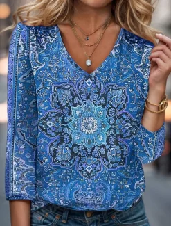 Sale Women's T Shirt Floral Fashion Long Sleeve V Neck Regular Tops Daily Weekend Lace Pink Royal Blue Blue Purple Spring & Fall Women Boho Tops