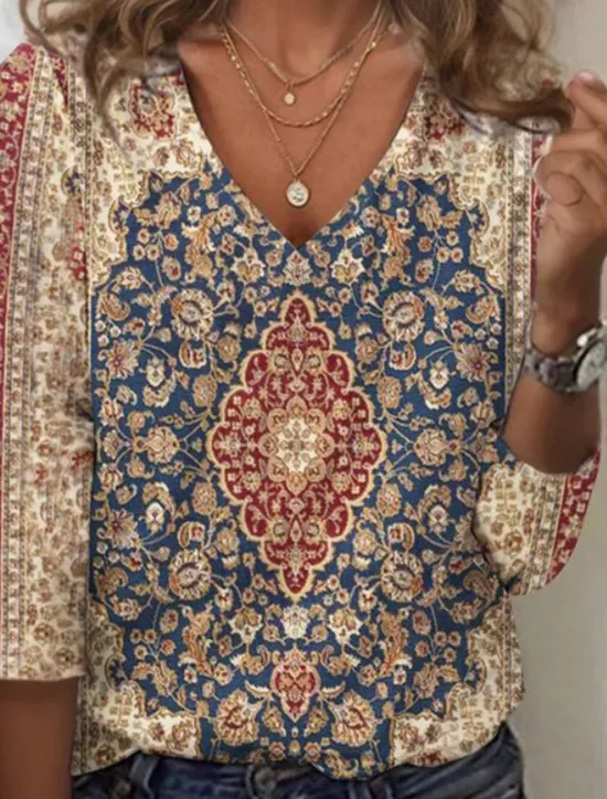 Sale Women's T Shirt Floral Fashion Long Sleeve V Neck Regular Tops Daily Weekend Lace Pink Royal Blue Blue Purple Spring & Fall Women Boho Tops