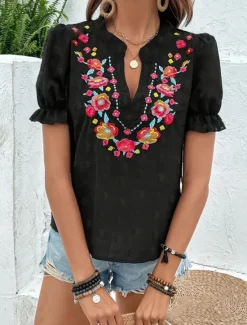 Women's T Shirt Floral Fashion Modern Casual Short Sleeve Notched Neck Regular Tops Daily Weekend Ruffle Patchwork Embroidered Summer Women Spring Tops|Boho Tops