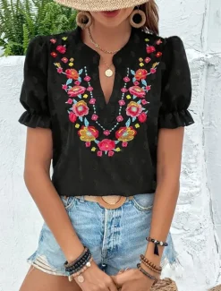 Women's T Shirt Floral Fashion Modern Casual Short Sleeve Notched Neck Regular Tops Daily Weekend Ruffle Patchwork Embroidered Summer Women Spring Tops|Boho Tops