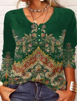 New Women's T Shirt Floral Fashion Long Sleeve Round Neck Regular Tops Daily Weekend Buttons Print Black Wine Blue Green Spring & Fall Women Boho Tops|T-Shirts