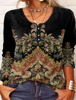 New Women's T Shirt Floral Fashion Long Sleeve Round Neck Regular Tops Daily Weekend Buttons Print Black Wine Blue Green Spring & Fall Women Boho Tops|T-Shirts