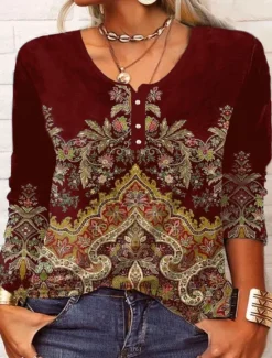 New Women's T Shirt Floral Fashion Long Sleeve Round Neck Regular Tops Daily Weekend Buttons Print Black Wine Blue Green Spring & Fall Women Boho Tops|T-Shirts