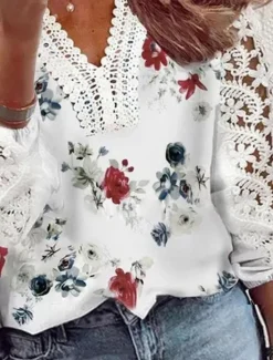 Online Women's T Shirt Floral Fashion Modern Casual Long Sleeve V Neck Regular Tops Daily Weekend Lace Patchwork Print Summer Spring Fall Women Spring Tops