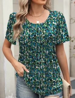 Women's T Shirt Floral Fashion Modern Casual Short Sleeve Crew Neck Regular Tops Daily Weekend White Yellow Green Summer Women Boho Tops