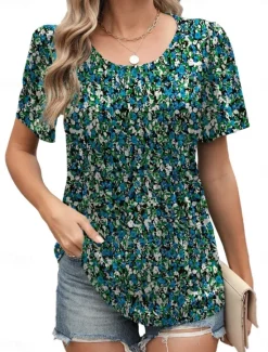 Women's T Shirt Floral Fashion Modern Casual Short Sleeve Crew Neck Regular Tops Daily Weekend White Yellow Green Summer Women Boho Tops