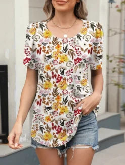 Women's T Shirt Floral Fashion Modern Casual Short Sleeve Crew Neck Regular Tops Daily Weekend White Yellow Green Summer Women Boho Tops