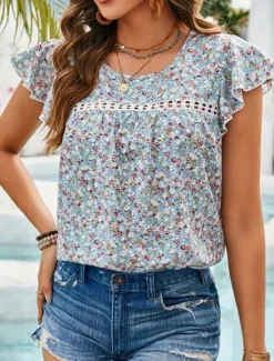 New Women's T Shirt Floral Fashion Modern Casual Short Sleeve Crew Neck Regular Tops Daily Weekend Ruffle Print Summer Spring Women T-Shirts