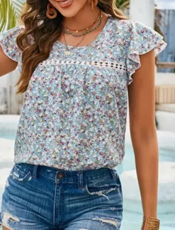 New Women's T Shirt Floral Fashion Modern Casual Short Sleeve Crew Neck Regular Tops Daily Weekend Ruffle Print Summer Spring Women T-Shirts