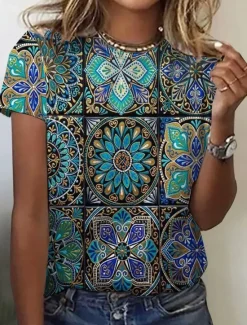 Best Women's T Shirt Floral Geometric Casual Short Sleeve Round Neck Regular Tops Daily Print Summer Women Spring Tops