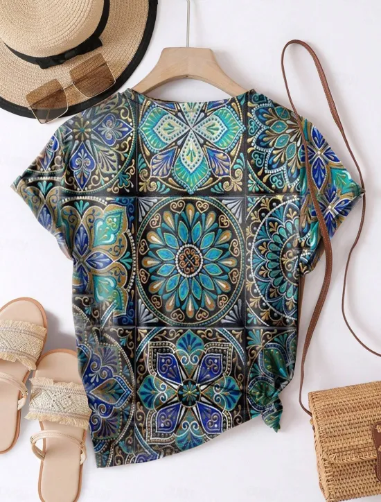 Best Women's T Shirt Floral Geometric Casual Short Sleeve Round Neck Regular Tops Daily Print Summer Women Spring Tops