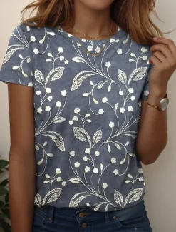 Outlet Women's T Shirt Floral Graphic Vintage Stylish Casual Short Sleeve Round Neck Regular Tops Daily Weekend Print Yellow Red Blue Light Blue Summer Spring Women Boho Tops