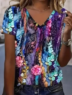 Discount Women's T Shirt Floral Graphic Plants Vintage Stylish Classic Short Sleeve V Neck Regular Tops Daily Print White Purple Green Summer Women T-Shirts