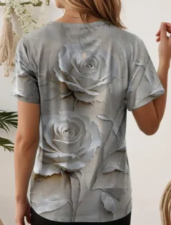 Sale Women's T Shirt Floral Graphic 3D Vintage Stylish Casual Short Sleeve Crew Neck Regular Tops Daily Going out Weekend Print Green Gray Light Blue Summer Spring Women T-Shirts