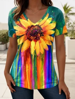 Women's T Shirt Floral Graphic Gradient Casual Short Sleeve V Neck Regular Tops Daily Print Summer Spring Women T-Shirts
