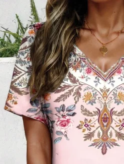 Sale Women's T Shirt Floral Graphic Geometric Bohemia Vintage Stylish Short Sleeve V Neck Regular Tops Daily Going out Beach Wear Print Summer Women Boho Tops
