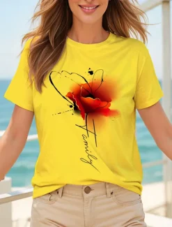Discount Women's T Shirt Floral Graphic Letter Vintage Stylish Classic Short Sleeve Crew Neck Round Neck Regular Tops Daily Weekend Print Black White Yellow Pink Blue Summer Spring Women T-Shirts