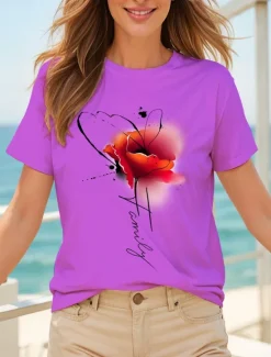 Discount Women's T Shirt Floral Graphic Letter Vintage Stylish Classic Short Sleeve Crew Neck Round Neck Regular Tops Daily Weekend Print Black White Yellow Pink Blue Summer Spring Women T-Shirts