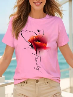 Discount Women's T Shirt Floral Graphic Letter Vintage Stylish Classic Short Sleeve Crew Neck Round Neck Regular Tops Daily Weekend Print Black White Yellow Pink Blue Summer Spring Women T-Shirts