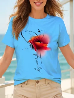 Discount Women's T Shirt Floral Graphic Letter Vintage Stylish Classic Short Sleeve Crew Neck Round Neck Regular Tops Daily Weekend Print Black White Yellow Pink Blue Summer Spring Women T-Shirts