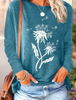 Hot Women's T Shirt Floral Graphic Plants Vintage Stylish Classic Long Sleeve Crew Neck Round Neck Regular Tops Daily Print Black Dusty Rose Dusty Blue Khaki Summer Spring Fall Women T-Shirts