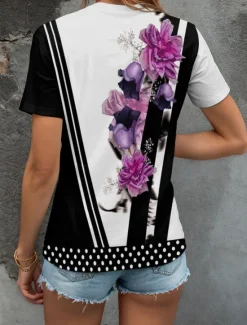 Online Women's T Shirt Floral Graphic Geometric Vintage Fashion Hawaiian Short Sleeve V Neck Regular Tops Daily Going out Weekend Print Black and White Yellow Red Blue Purple Summer Spring Women T-Shirts
