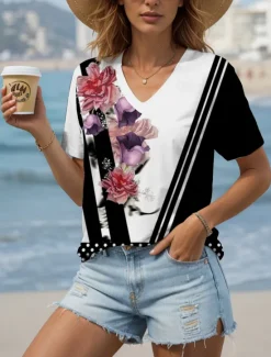 Online Women's T Shirt Floral Graphic Geometric Vintage Fashion Hawaiian Short Sleeve V Neck Regular Tops Daily Going out Weekend Print Black and White Yellow Red Blue Purple Summer Spring Women T-Shirts